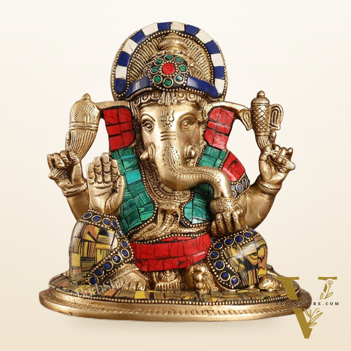 Brass Lord Ganesha Idol with Stonework | Height 6.5 inch