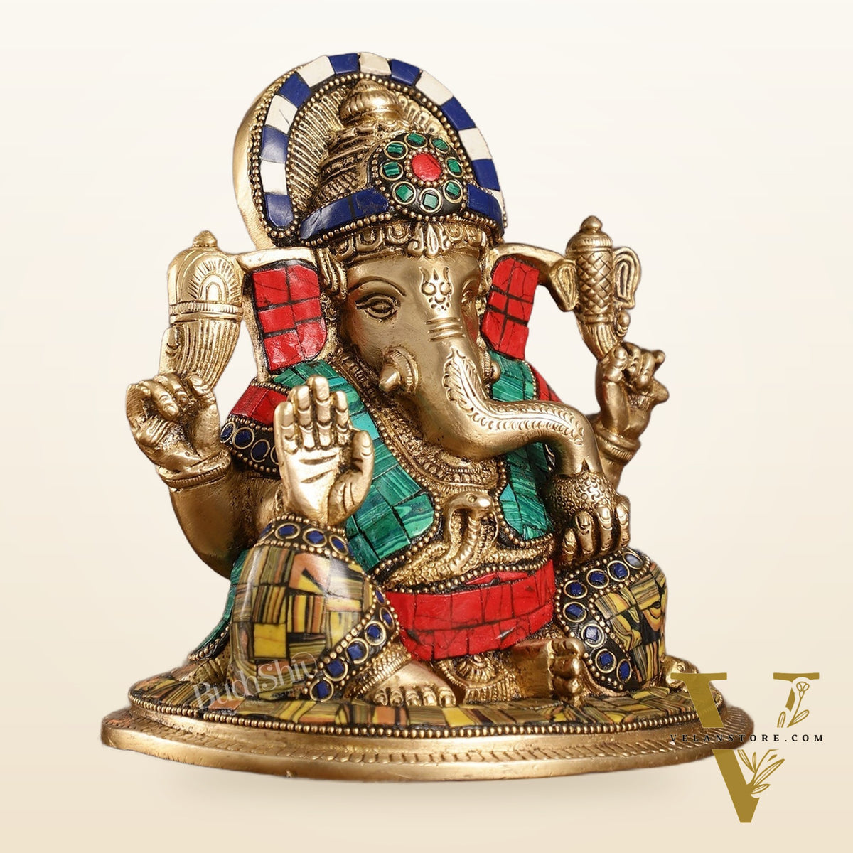Brass Lord Ganesha Idol with Stonework | Height 6.5 inch