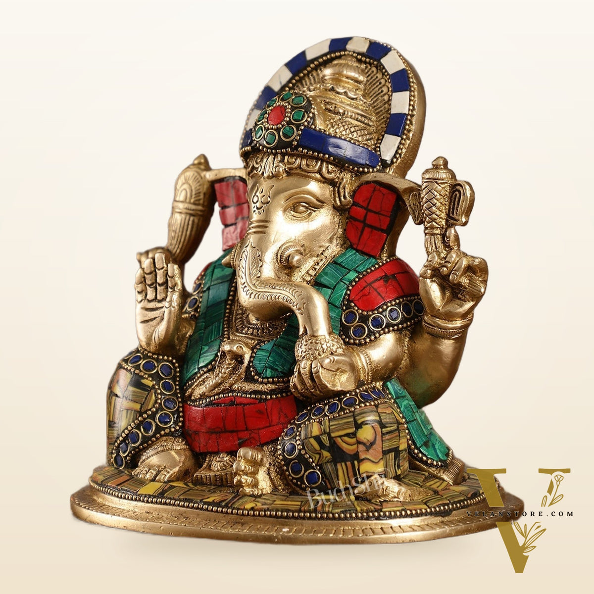 Brass Lord Ganesha Idol with Stonework | Height 6.5 inch