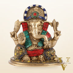 Brass Lord Ganesha Idol with Stonework | Height 6.5 inch