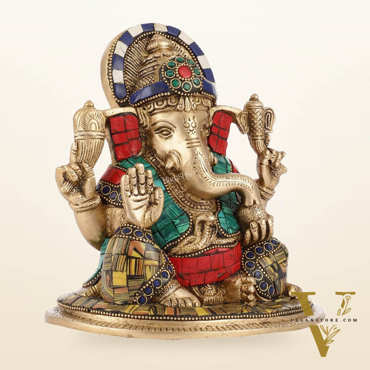 Brass Lord Ganesha Idol with Stonework | Height 6.5 inch