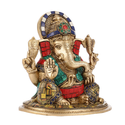 Brass Lord Ganesha Idol with Stonework | Height 6.5 inch