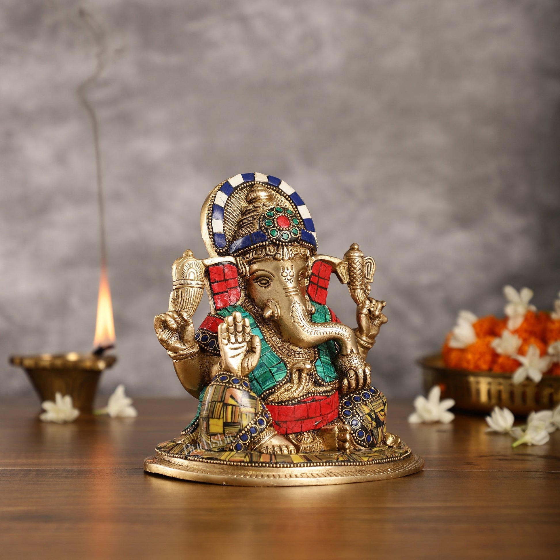 Brass Lord Ganesha Idol with Stonework | Height 6.5 inch