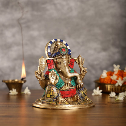 Brass Lord Ganesha Idol with Stonework | Height 6.5 inch