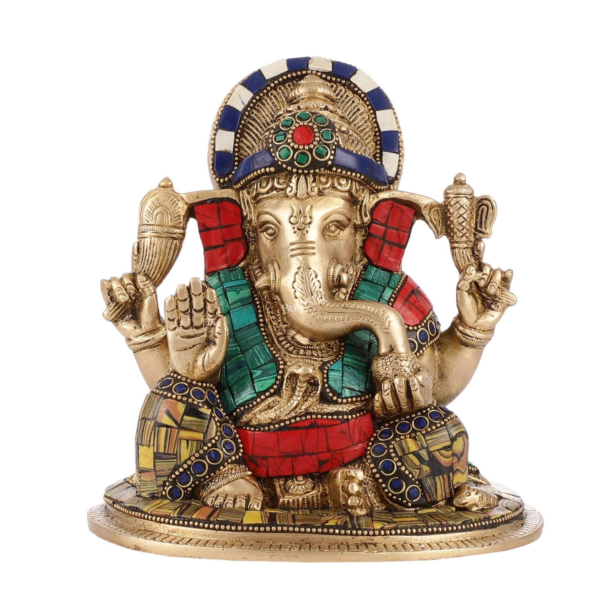 Brass Lord Ganesha Idol with Stonework | Height 6.5 inch