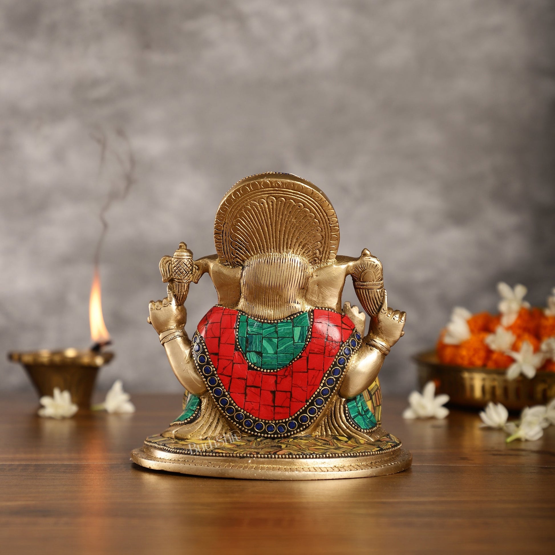 Brass Lord Ganesha Idol with Stonework | Height 6.5 inch