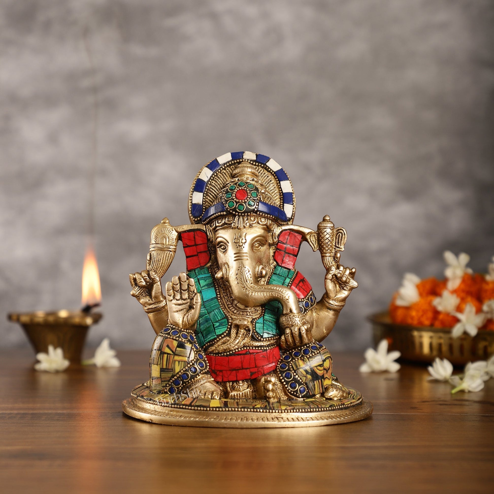 Brass Lord Ganesha Idol with Stonework | Height 6.5 inch
