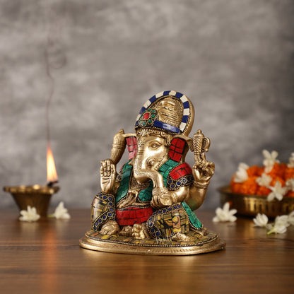 Brass Lord Ganesha Idol with Stonework | Height 6.5 inch