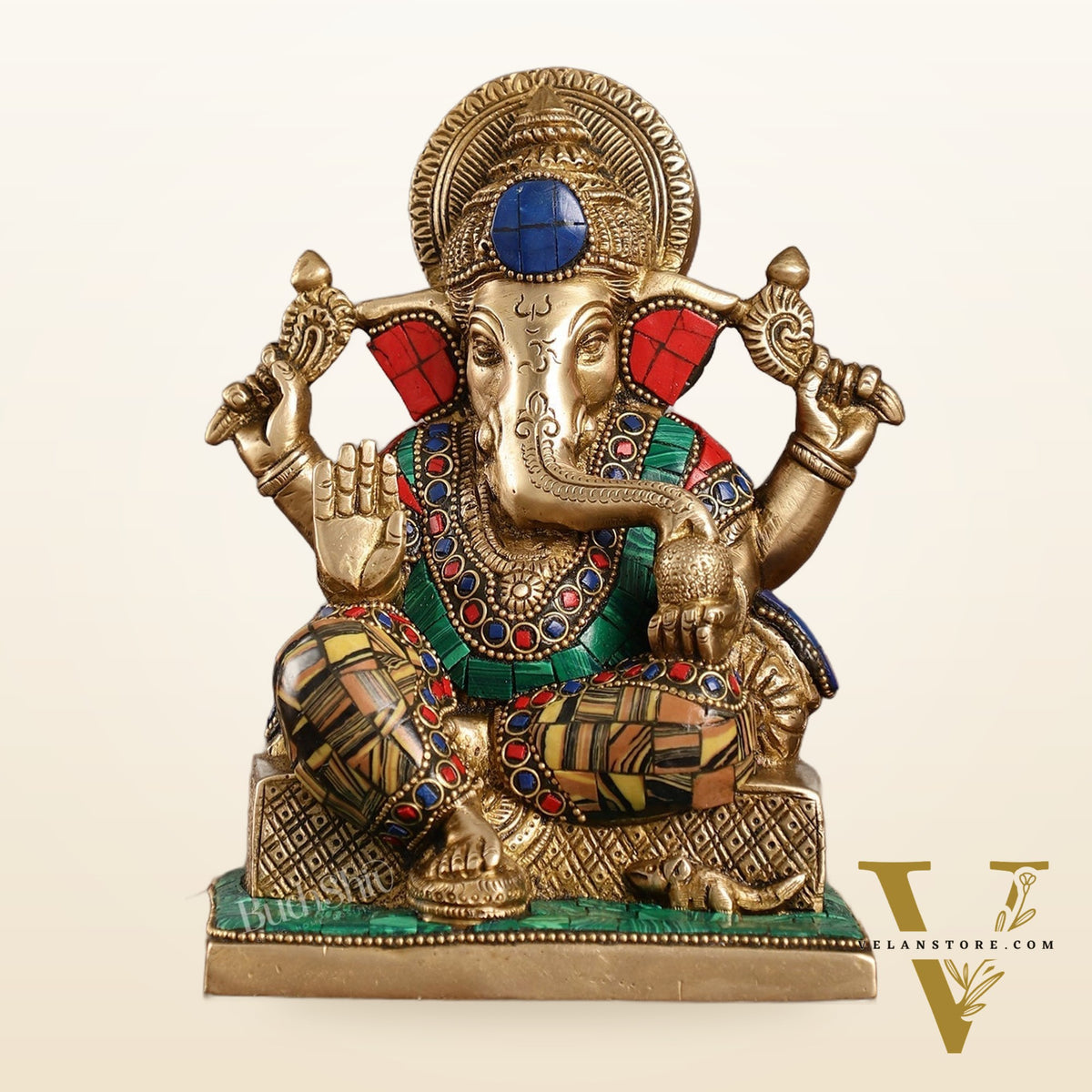 Brass Lord Ganesha Idol with Stonework | Height 7.5 inch