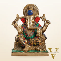 Brass Lord Ganesha Idol with Stonework | Height 7.5 inch