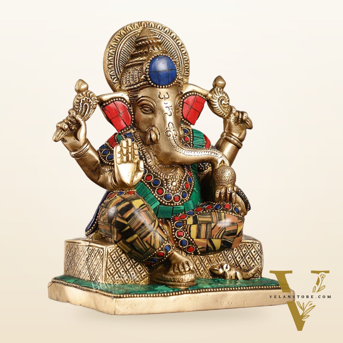 Brass Lord Ganesha Idol with Stonework | Height 7.5 inch