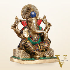 Brass Lord Ganesha Idol with Stonework | Height 7.5 inch