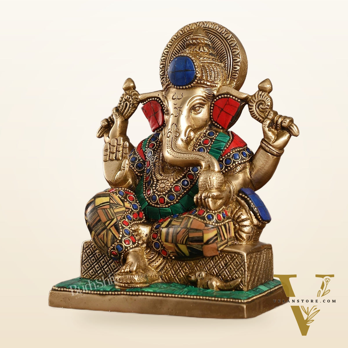 Brass Lord Ganesha Idol with Stonework | Height 7.5 inch