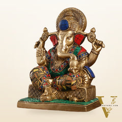 Brass Lord Ganesha Idol with Stonework | Height 7.5 inch