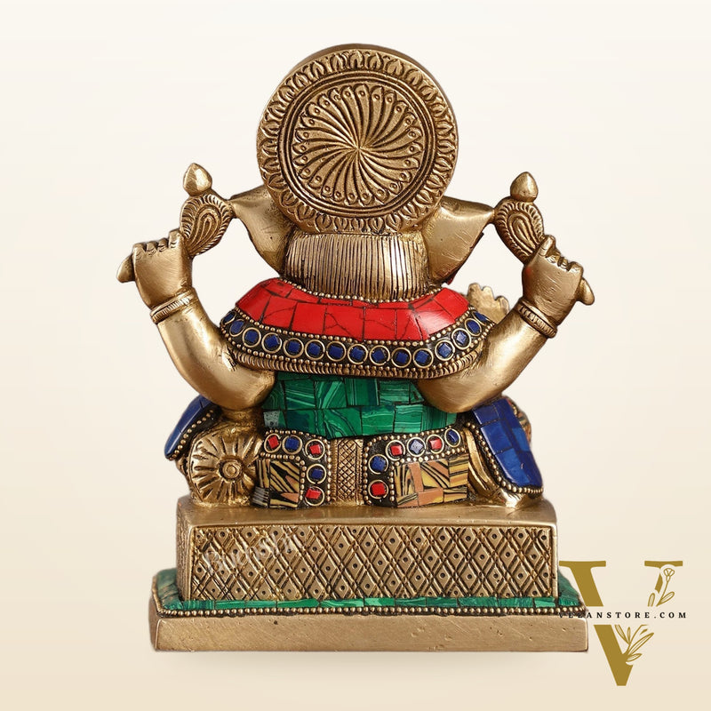 Brass Lord Ganesha Idol with Stonework | Height 7.5 inch