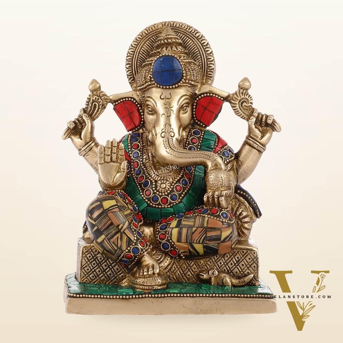Brass Lord Ganesha Idol with Stonework | Height 7.5 inch