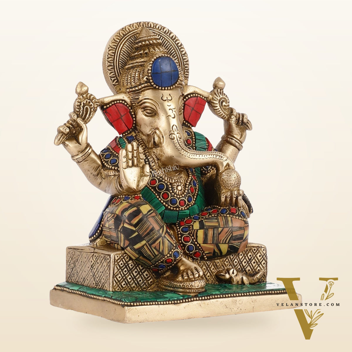 Brass Lord Ganesha Idol with Stonework | Height 7.5 inch