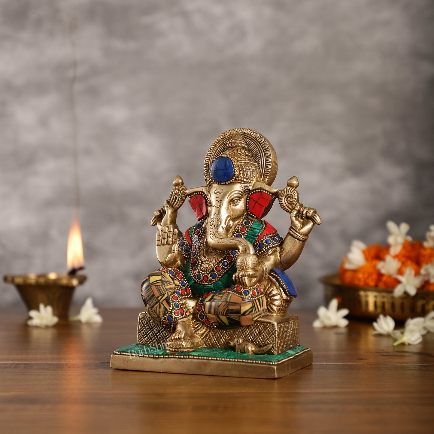 Brass Lord Ganesha Idol with Stonework | Height 7.5 inch