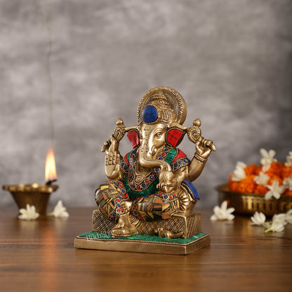 Brass Lord Ganesha Idol with Stonework | Height 7.5 inch