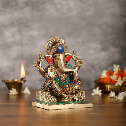 Brass Lord Ganesha Idol with Stonework | Height 7.5 inch