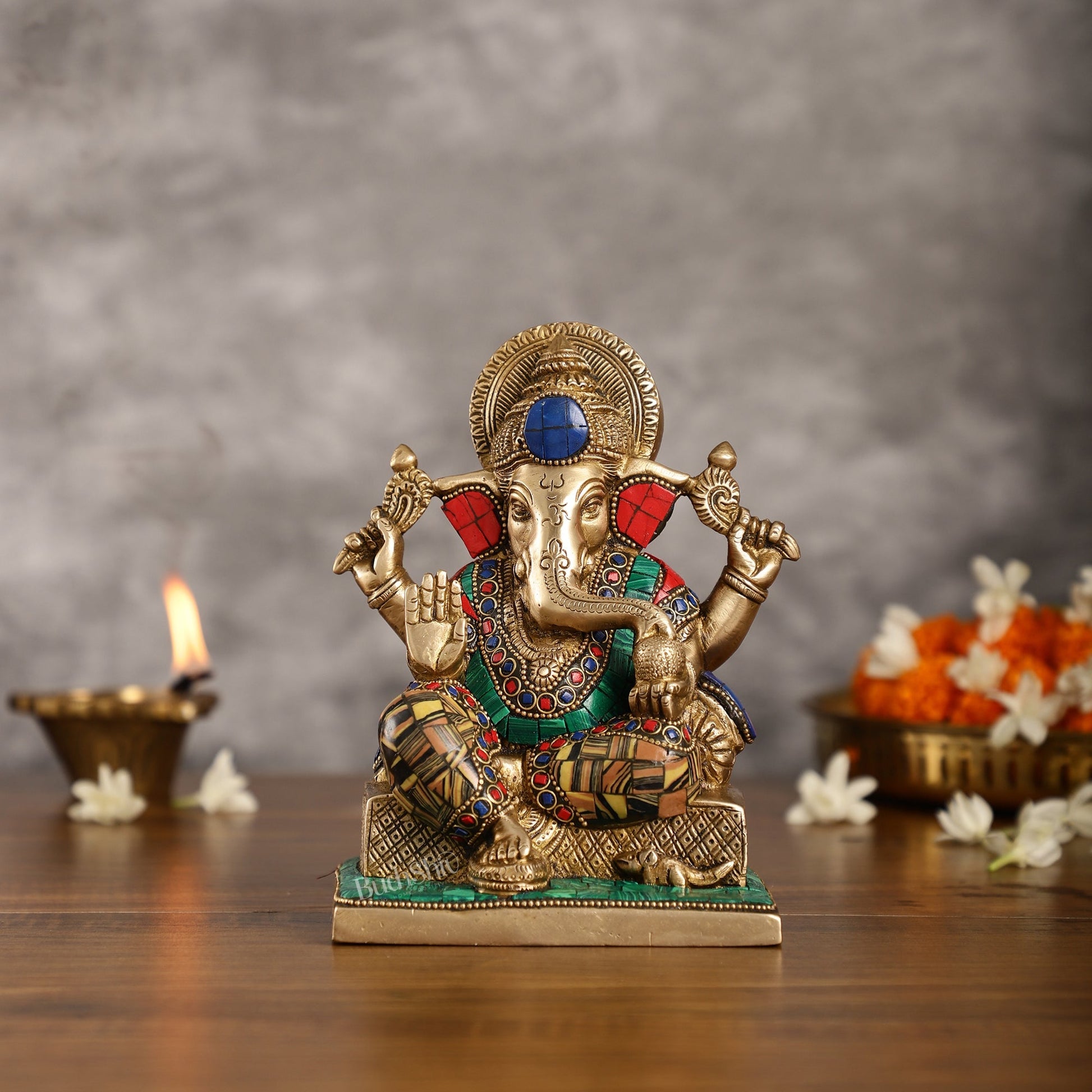 Brass Lord Ganesha Idol with Stonework | Height 7.5 inch