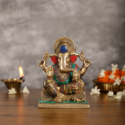 Brass Lord Ganesha Idol with Stonework | Height 7.5 inch