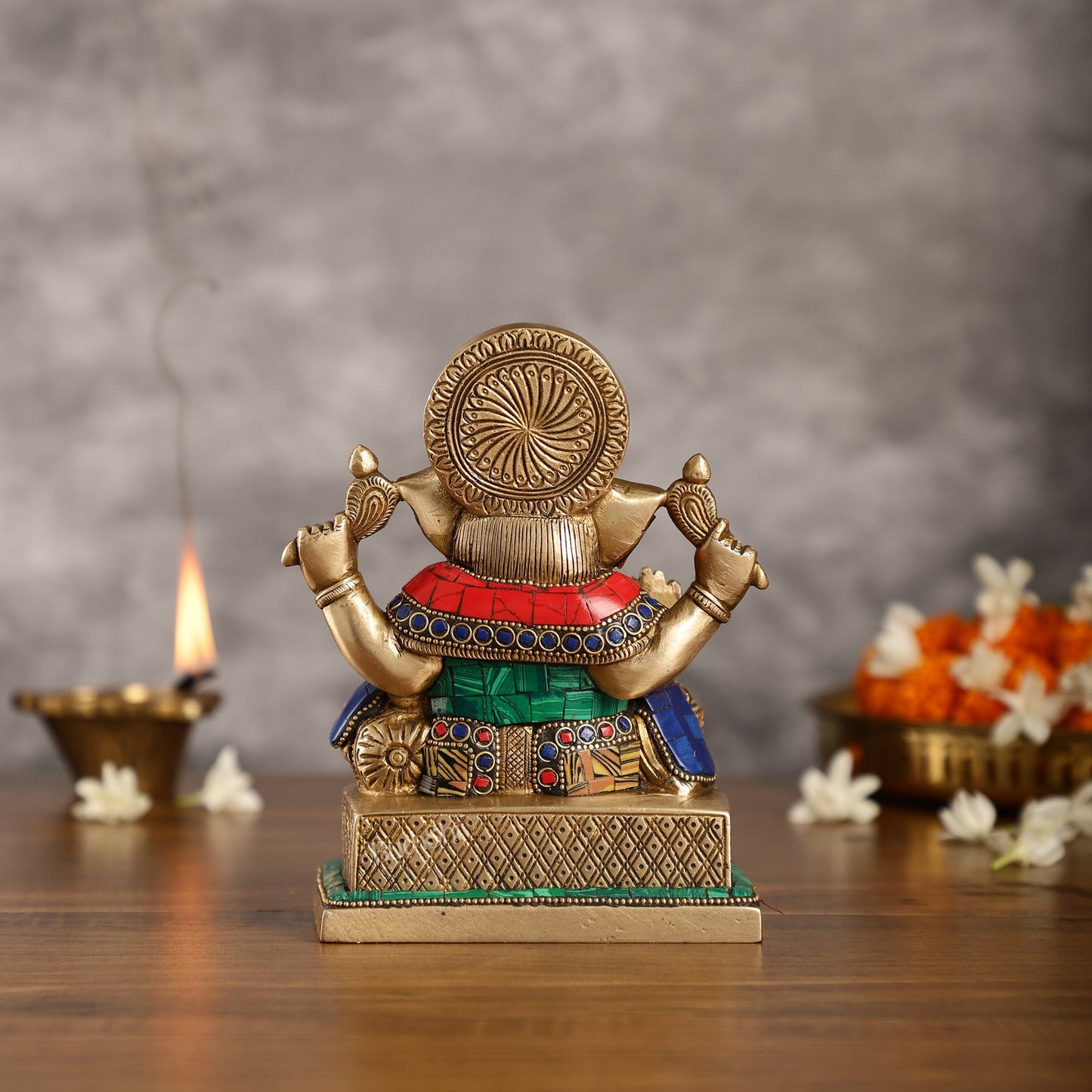 Brass Lord Ganesha Idol with Stonework | Height 7.5 inch