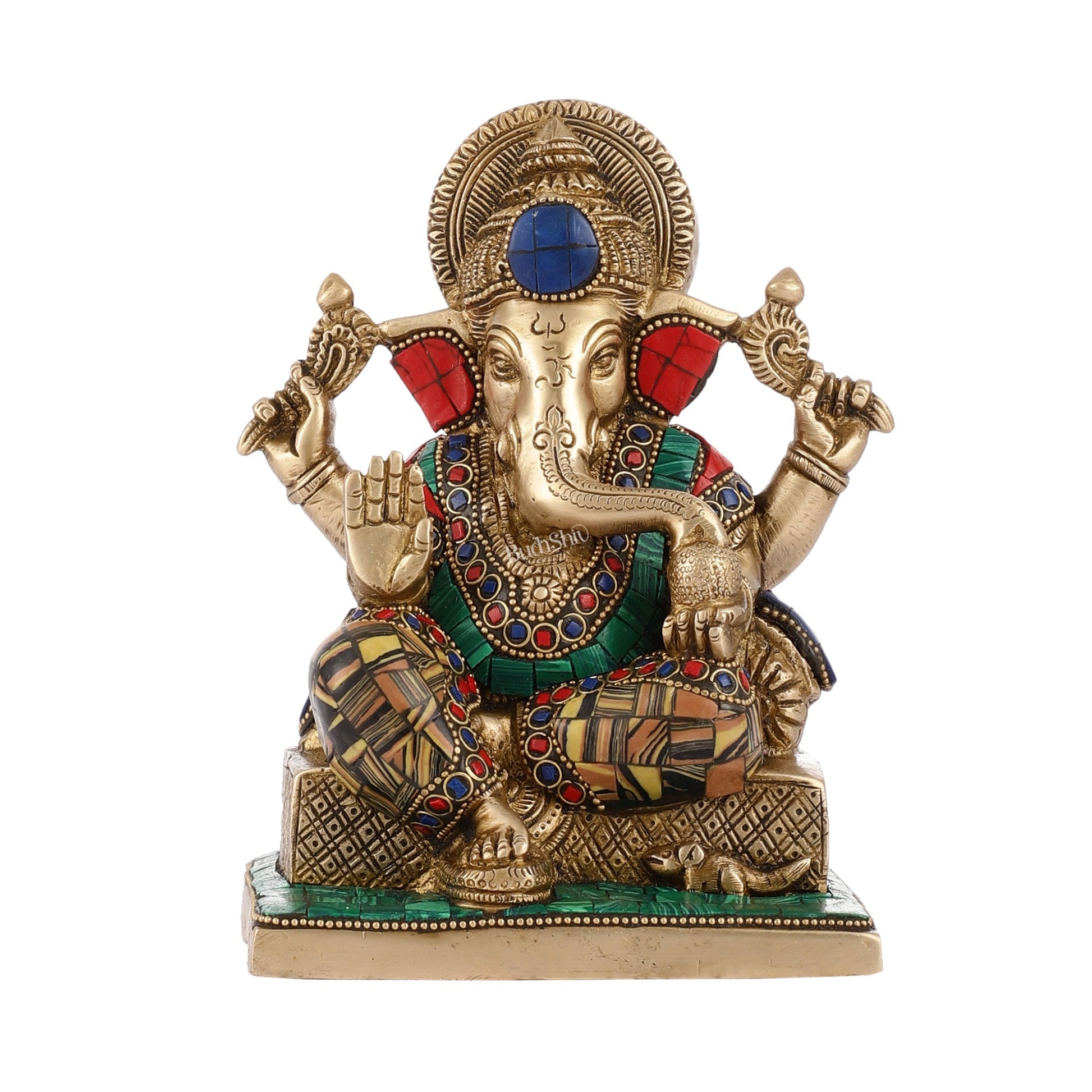 Brass Lord Ganesha Idol with Stonework | Height 7.5 inch
