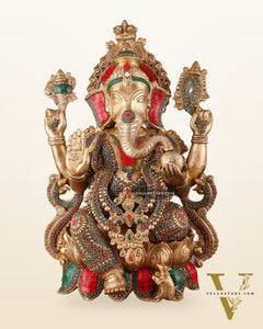 Brass Lord Ganesha large idol 21" with Stonework