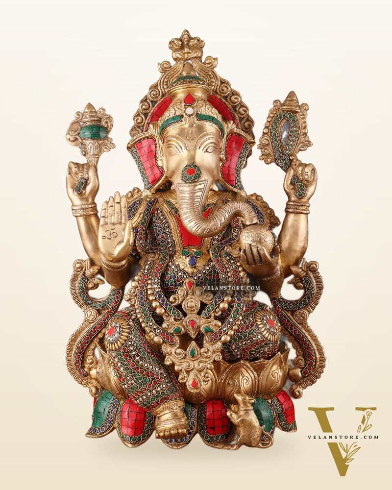 Brass Lord Ganesha large idol 21" with Stonework
