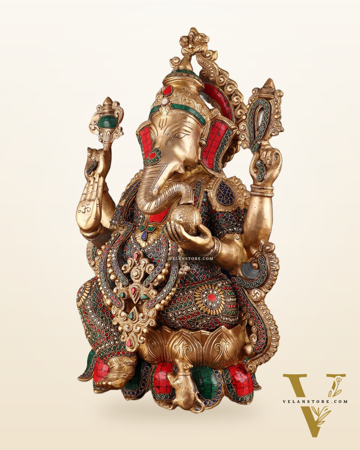 Brass Lord Ganesha large idol 21" with Stonework
