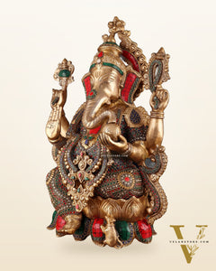 Brass Lord Ganesha large idol 21" with Stonework