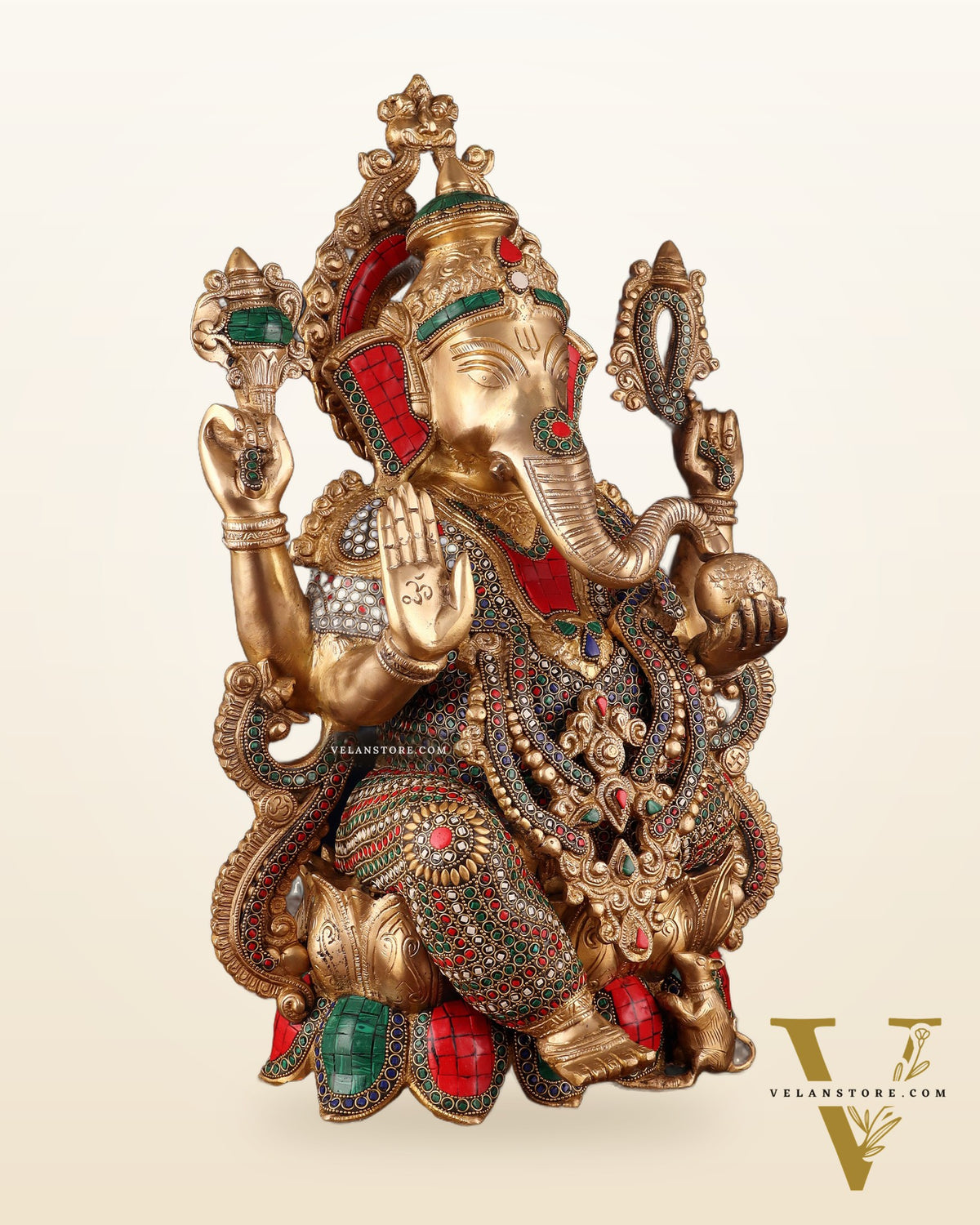 Brass Lord Ganesha large idol 21" with Stonework