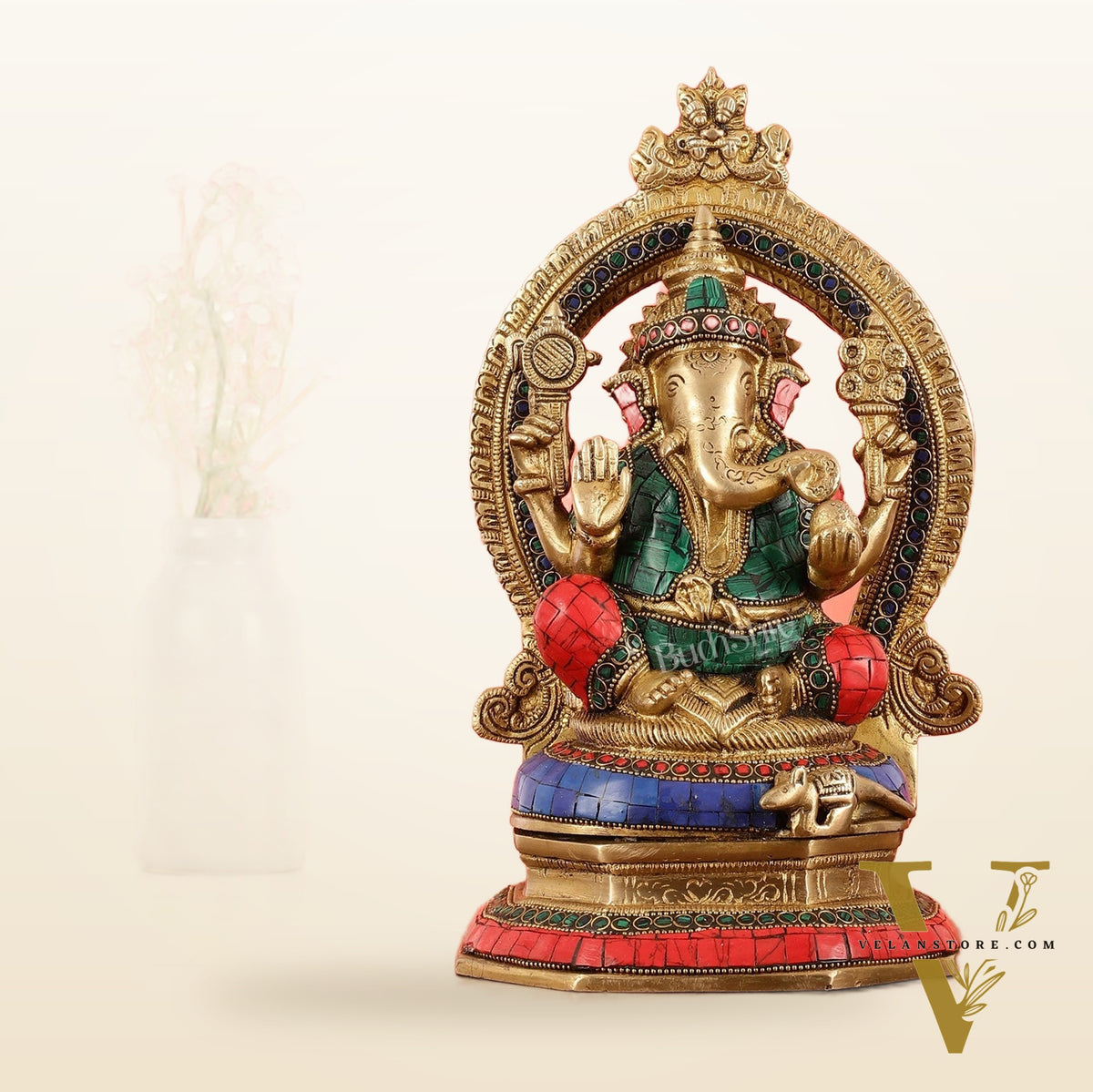 Brass Lord Ganesha Murti with Stonework Idol - 11.5 Inch