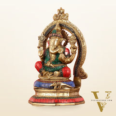 Brass Lord Ganesha Murti with Stonework Idol - 11.5 Inch