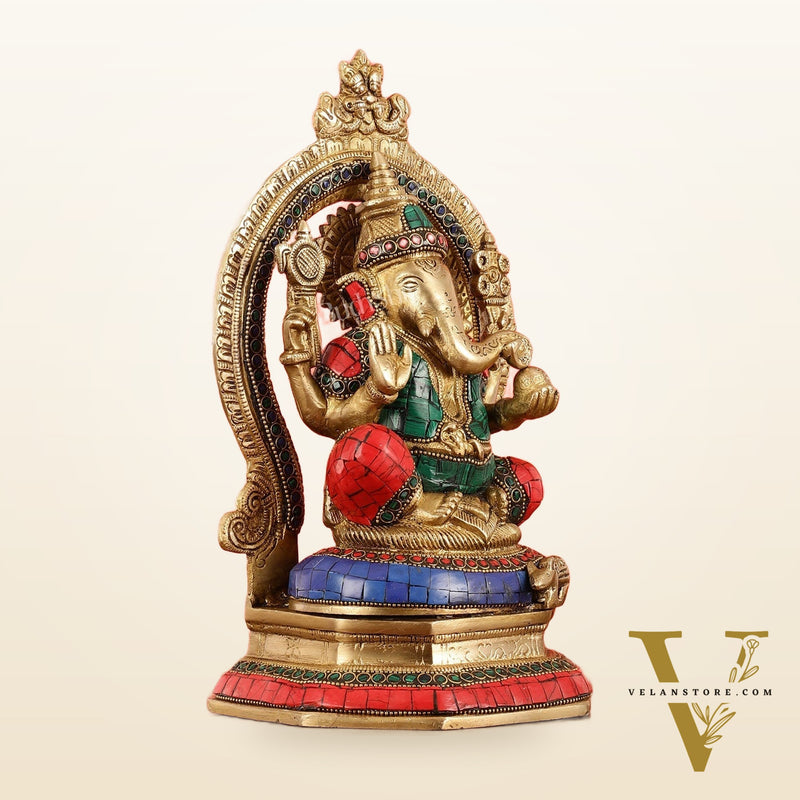 Brass Lord Ganesha Murti with Stonework Idol - 11.5 Inch