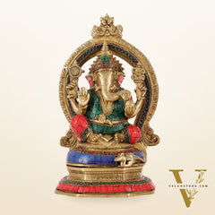 Brass Lord Ganesha Murti with Stonework Idol - 11.5 Inch