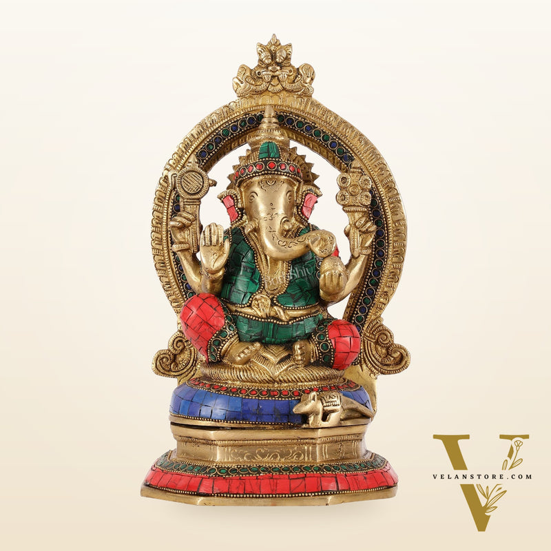 Brass Lord Ganesha Murti with Stonework Idol - 11.5 Inch