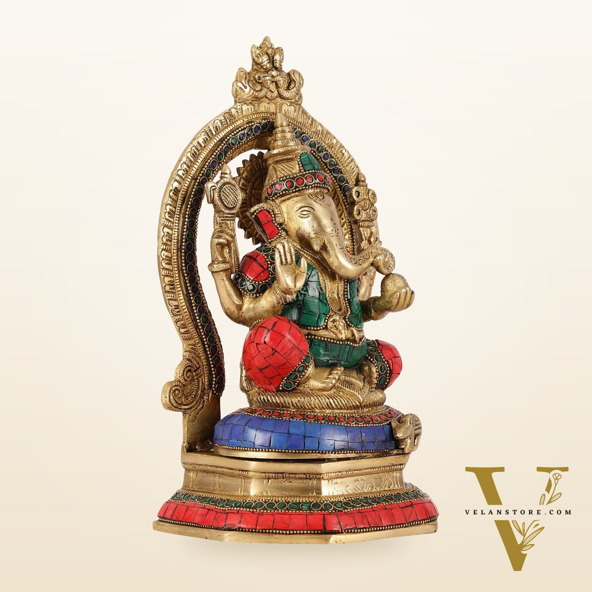 Brass Lord Ganesha Murti with Stonework Idol - 11.5 Inch