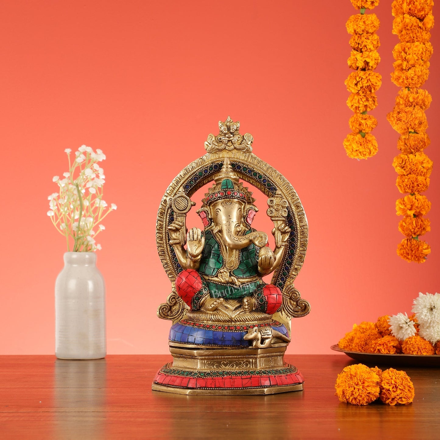 Brass Lord Ganesha Murti with Stonework Idol - 11.5 Inch