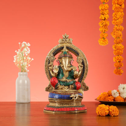 Brass Lord Ganesha Murti with Stonework Idol - 11.5 Inch