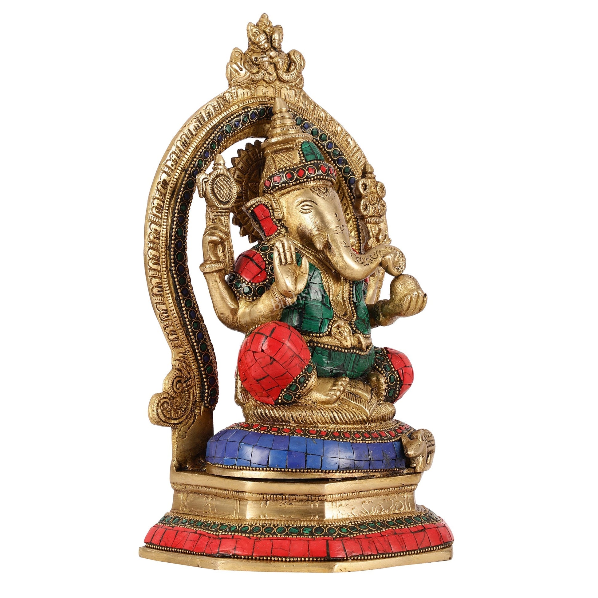 Brass Lord Ganesha Murti with Stonework Idol - 11.5 Inch