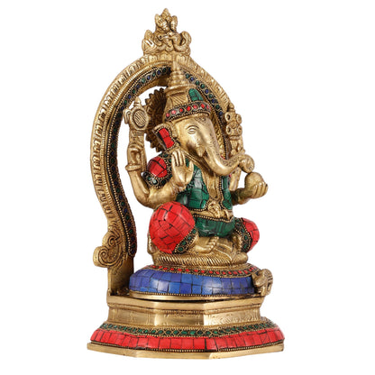 Brass Lord Ganesha Murti with Stonework Idol - 11.5 Inch
