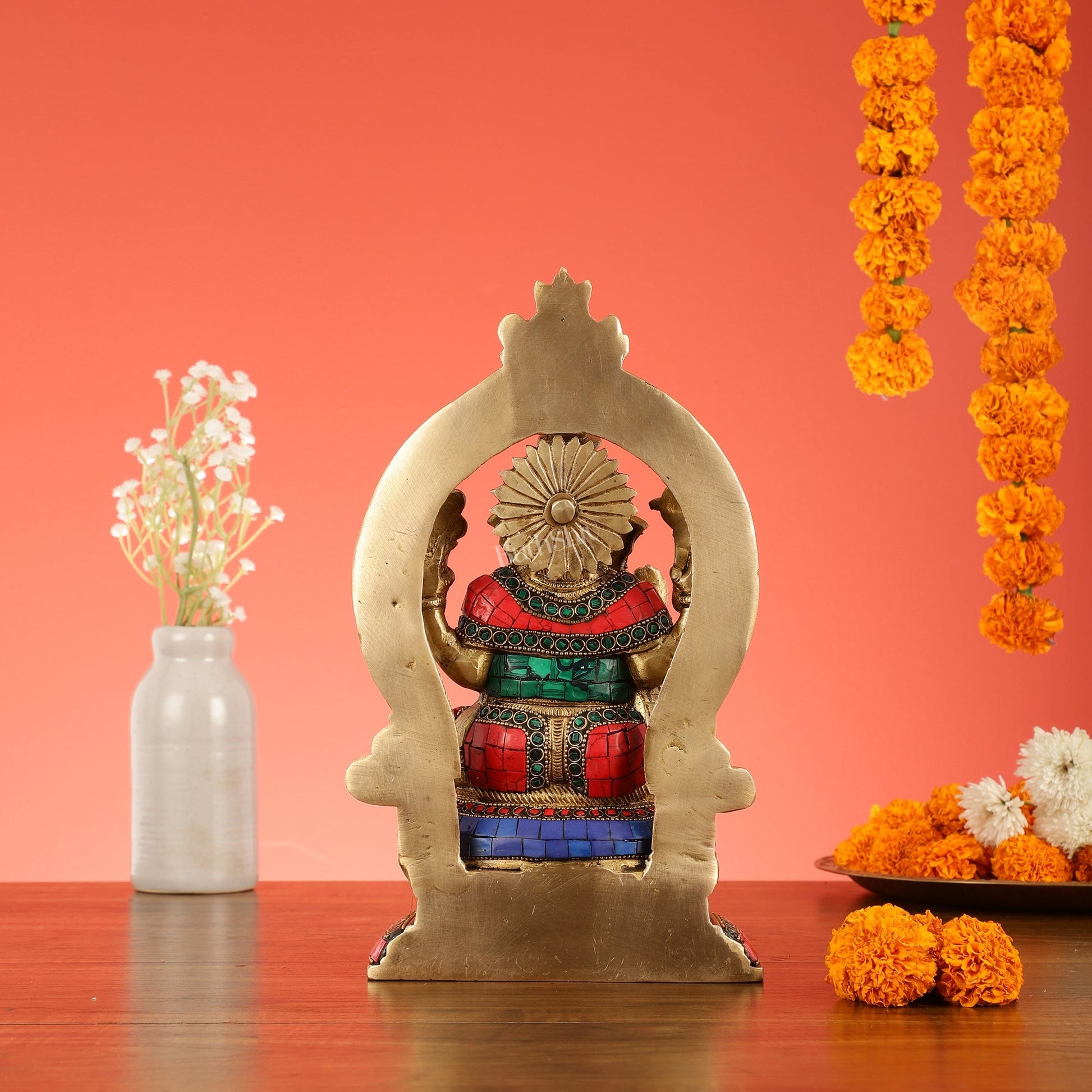 Brass Lord Ganesha Murti with Stonework Idol - 11.5 Inch