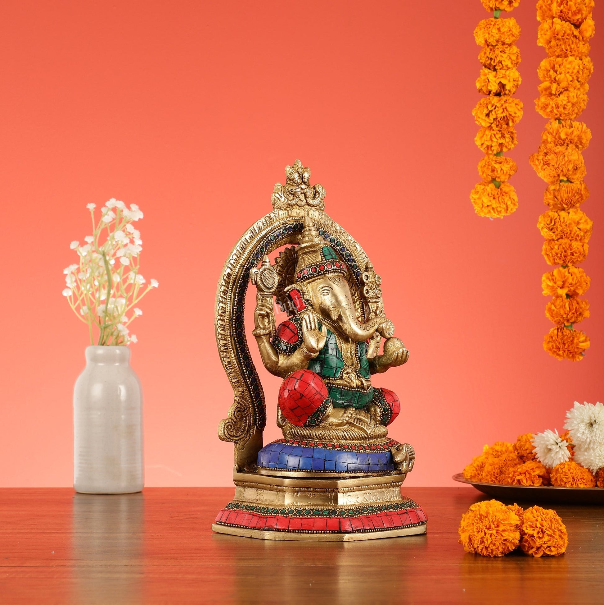Brass Lord Ganesha Murti with Stonework Idol - 11.5 Inch