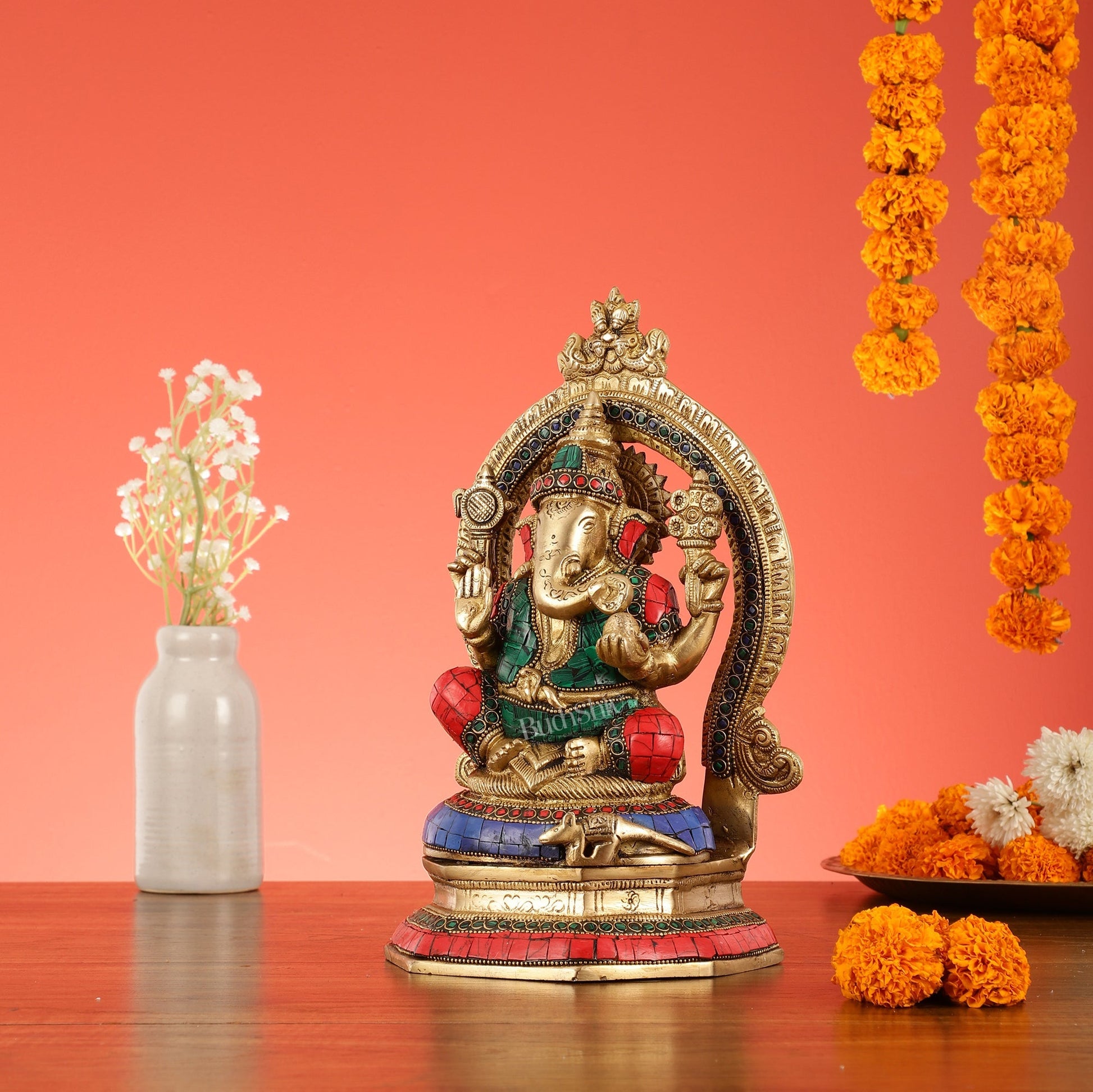 Brass Lord Ganesha Murti with Stonework Idol - 11.5 Inch
