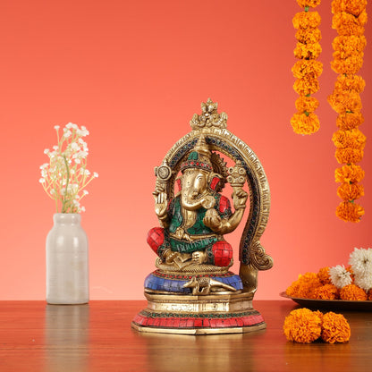 Brass Lord Ganesha Murti with Stonework Idol - 11.5 Inch