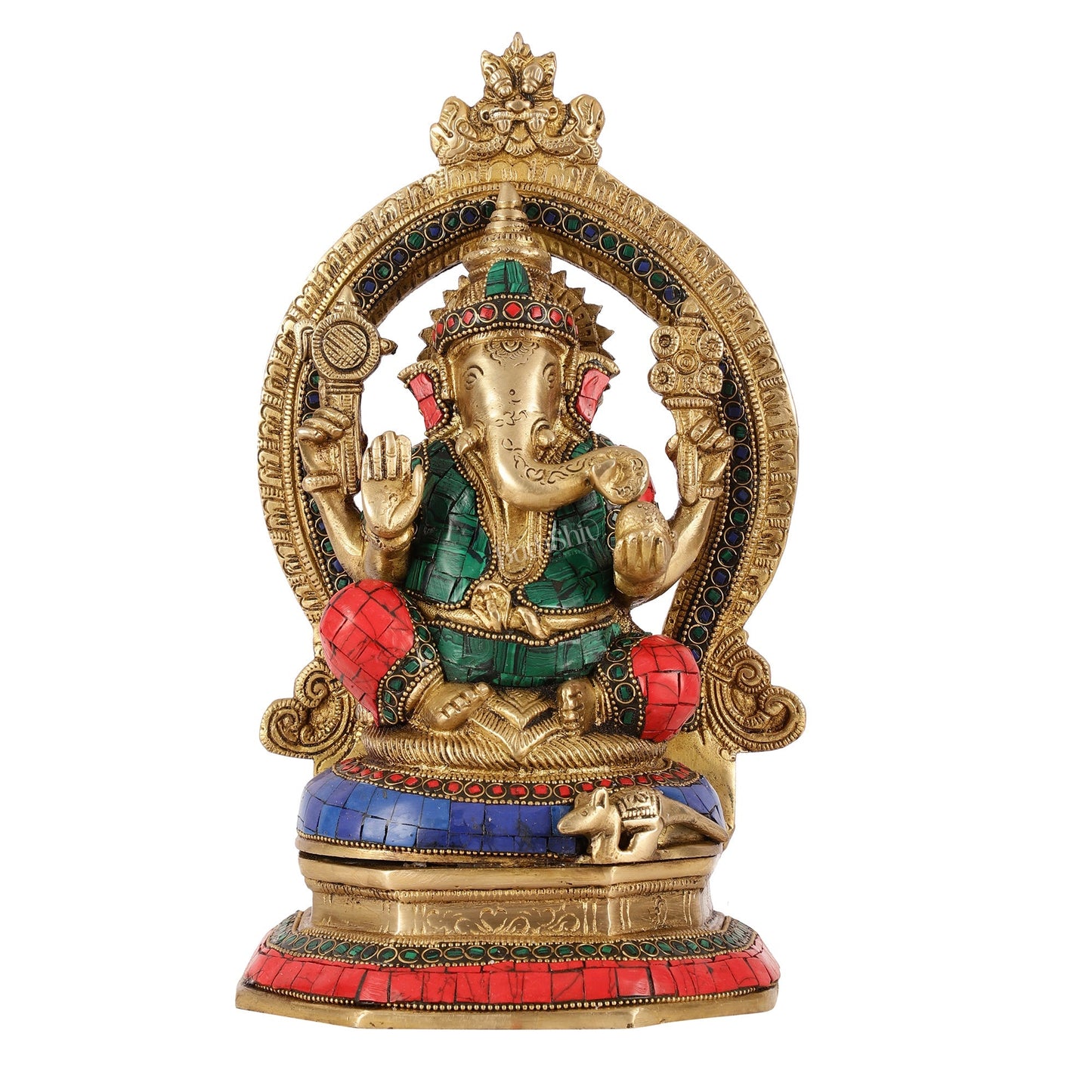 Brass Lord Ganesha Murti with Stonework Idol - 11.5 Inch