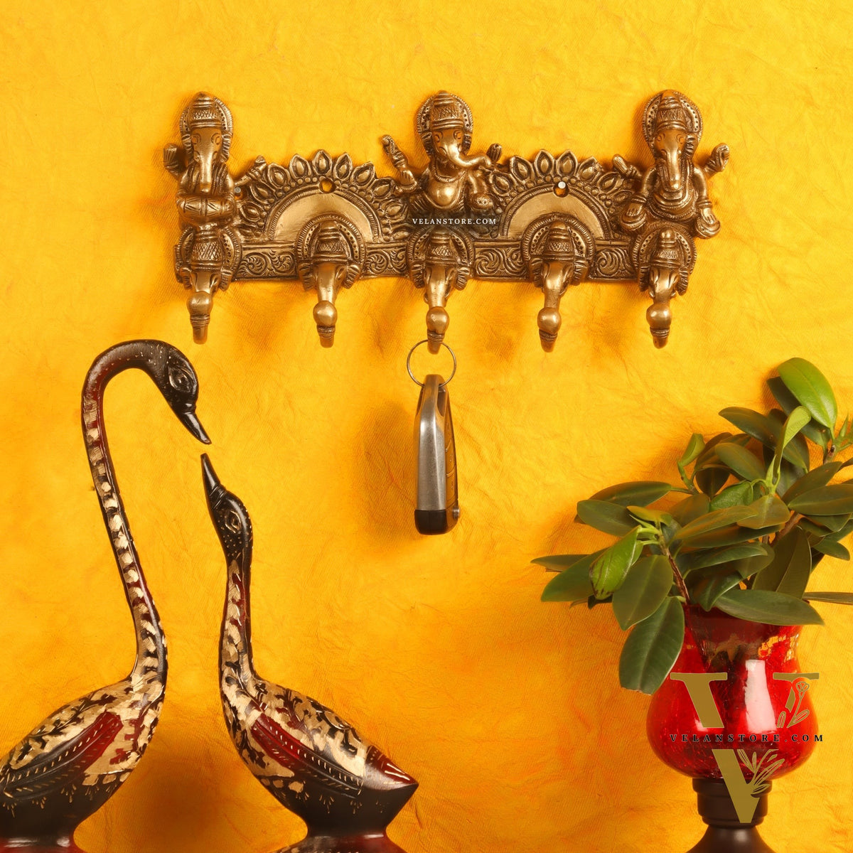 Brass Lord Ganesha Musicians Key Holder with Five Hooks 10"
