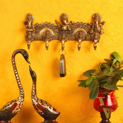 Brass Lord Ganesha Musicians Key Holder with Five Hooks 10"
